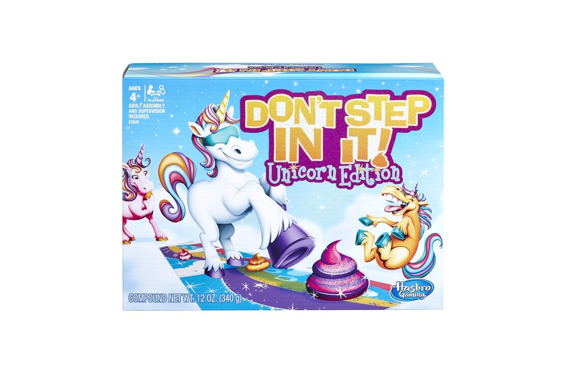 A game, called Don't Step in It! Unicorn Edition, in which players are blindfolded and attempt to dodge the unicorn poop.