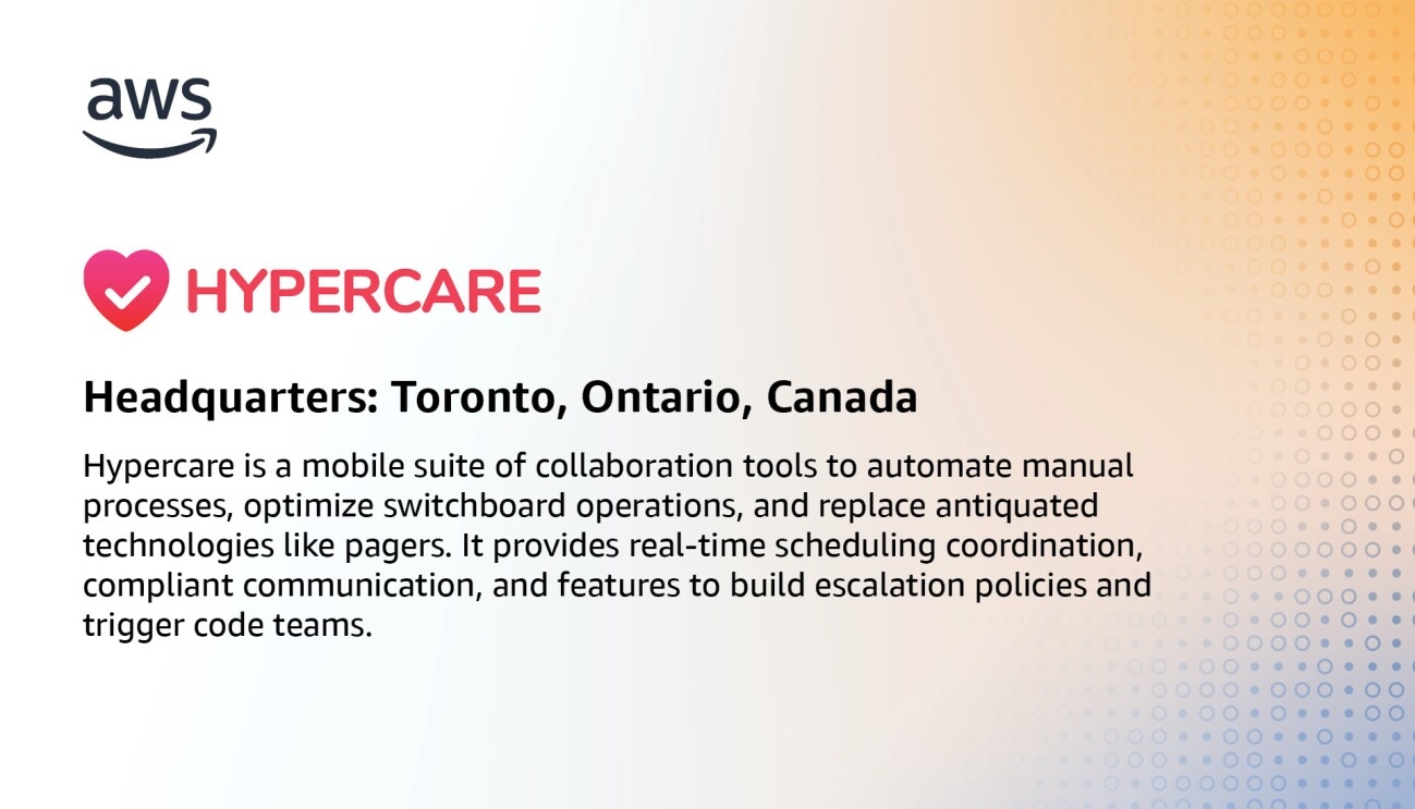 An infographic for Hypercare, which states, "Hypercare is a mobile suite of collaboration tools to automate manual processes, optimize switchboard operations, and replace antiquated technologies like pagers. It provides real-time scheduling coordination, compliant communication, and features to build escalation policies and trigger code teams."