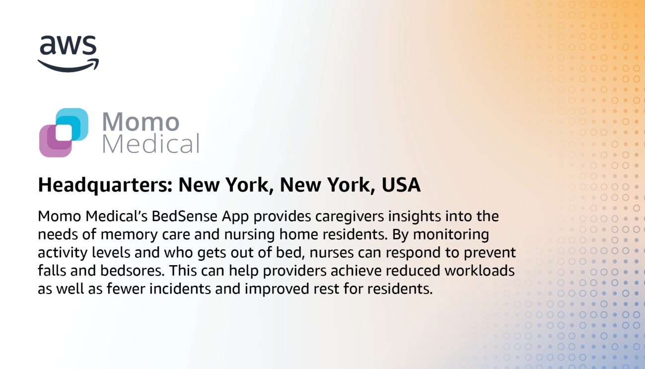 An infographic for Momo Medical, which states, "Momo Medical’s BedSense App provides caregivers insights into the needs of memory care and nursing home residents. By monitoring activity levels and who gets out of bed, nurses can respond to prevent falls and bedsores. This can help providers achieve reduced workloads as well as fewer incidents and improved rest for residents."