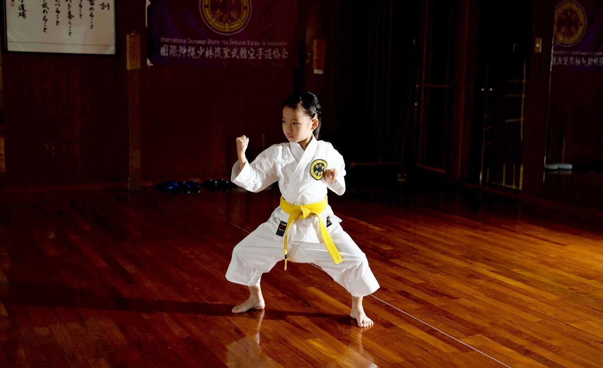 An image of a kid in a karate uniform practicing the sport in Shorin-ryu Seibukan, one of Okinawa's traditional karate schools.