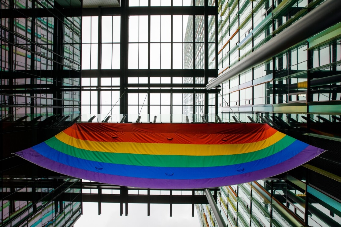 The LGBTQ Pride flag is raised above Amazon HQ in Seattle to mark LGBTQ Pride month in June.