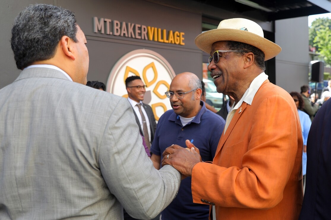 Leaders speak at Mount Baker Village, site of new affordable housing being built with support from Amazon's Housing Equity Fund