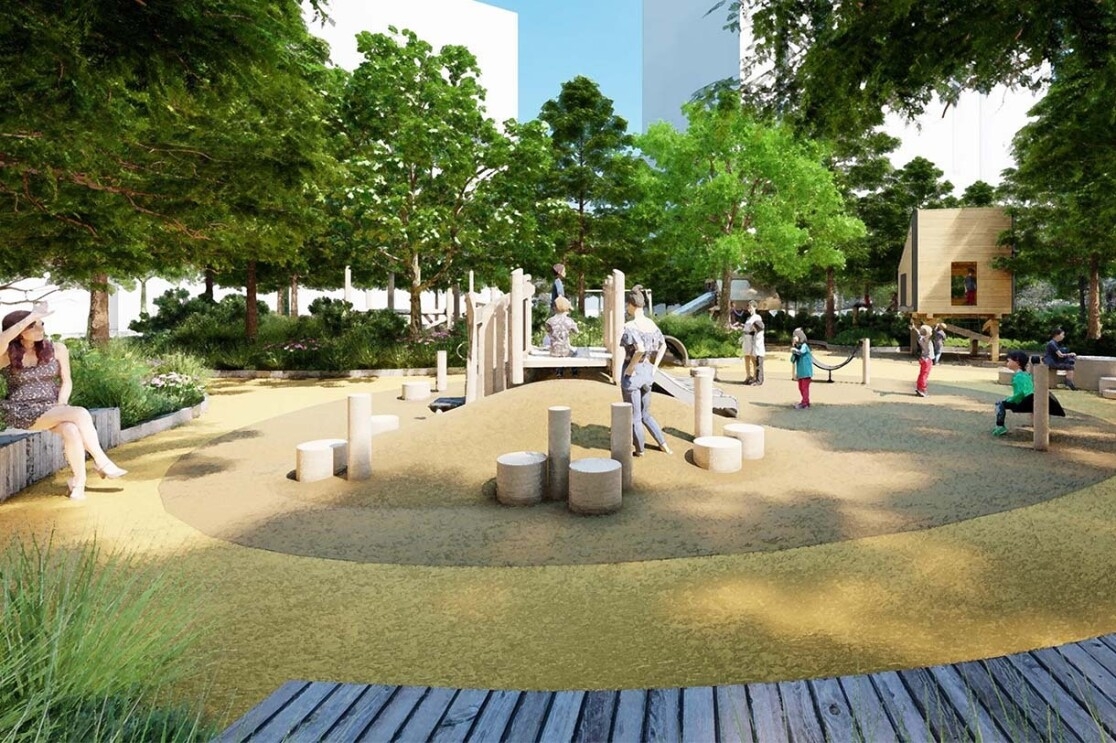 Image renderings showing the Met Park at Amazon's second headquarters in Arlington, Virginia.