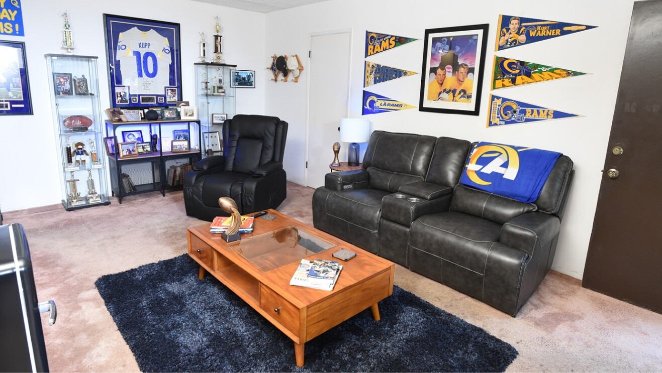 An image of Lewis Lazarus’ fan cave in his Santa Monica apartment.