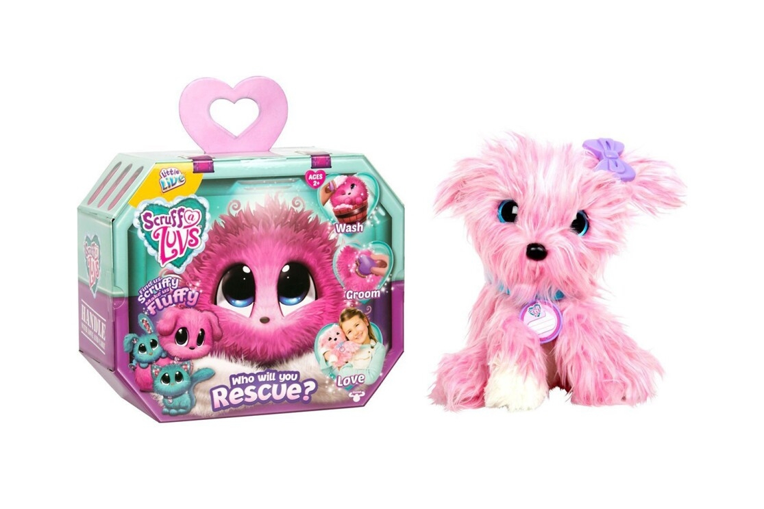 A stuffed animal, called Scruff a Luvs. A mystery toy that is scruffy when you purchase it, but with love, washing and grooming, it becomes cuter. Toy may be a cat, dog, or rabbit.