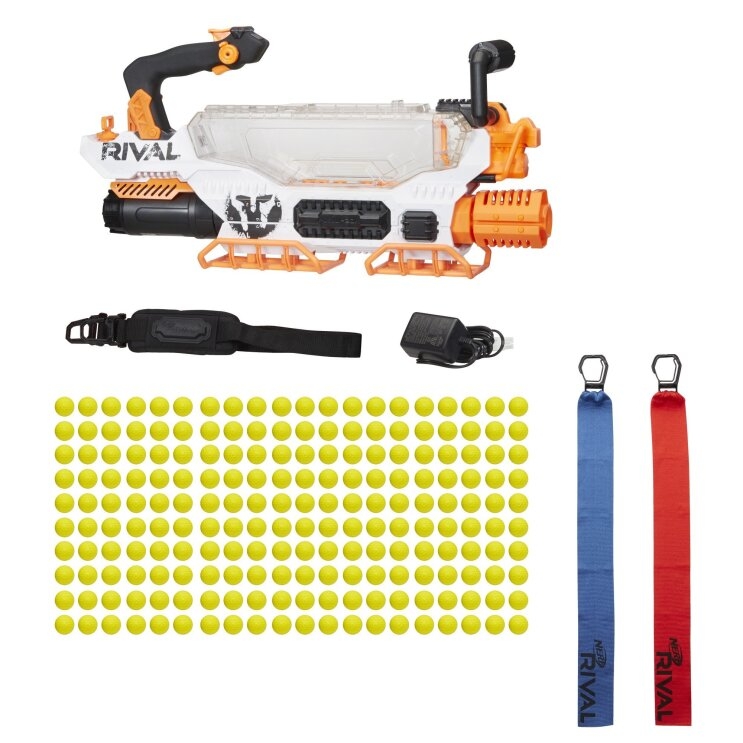 Advanced Acceleration System hold 200 rounds, and fires at a velocity of 100 feet per second (30 meters per second).
Includes blaster with rechargeable NiMh battery, charger, 200 rounds, 2 flags, shoulder strap, and instructions.