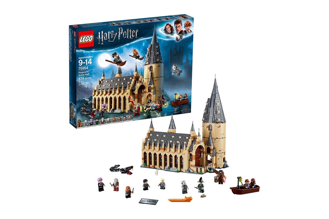 An 878-piece LEGO set with 10 mini figures: Harry Potter, Ron Weasley, Hermione Granger, Draco Malfoy, Susan bones, Professor McGonagall, Professor quirrell with dual Lord Voldemort face, Hagrid, Albus Dumbledore and nearly headless Nick, as well as buildable basilisk and fawkes creatures, plus hedwig and scabbers figures. Hogwarts great Hall measures over 14” (37cm) high, 11” (30cm) wide and 7” (18cm) deep.