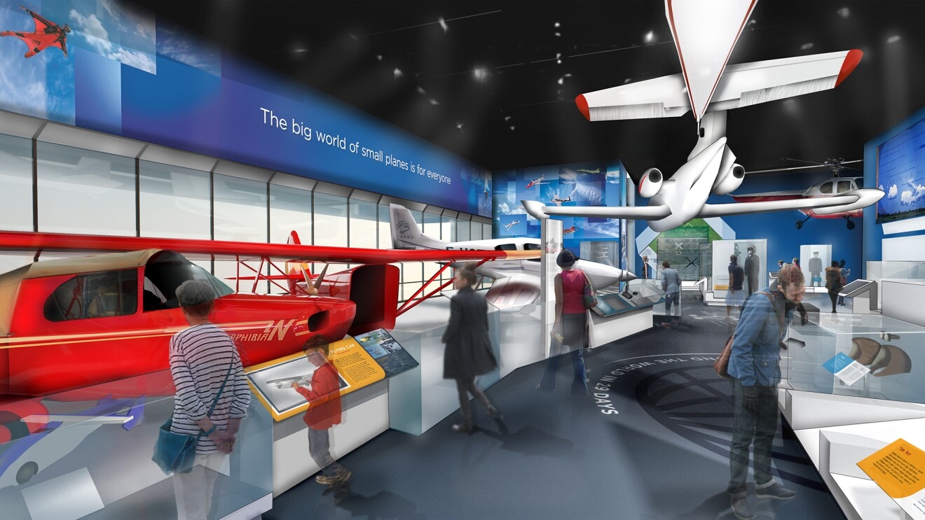 A rendering of the Smithsonian’s National Air and Space Museum, with exhibits showing small airplanes, educational materials, and more, with descriptive text and photography to support each of the displays. 