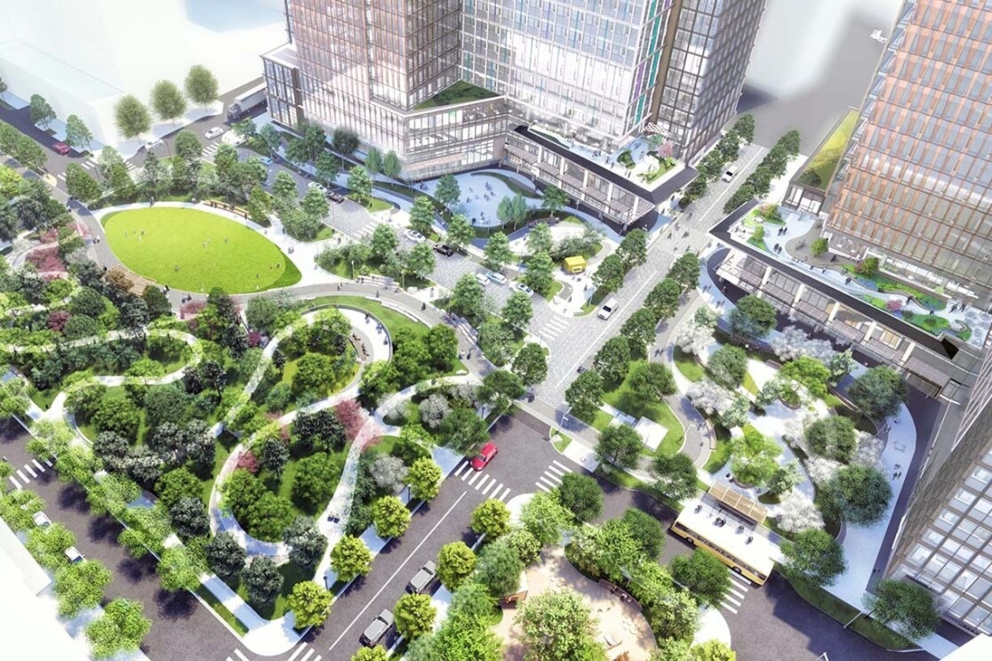 Image renderings showing the Met Park at Amazon's second headquarters in Arlington, Virginia.