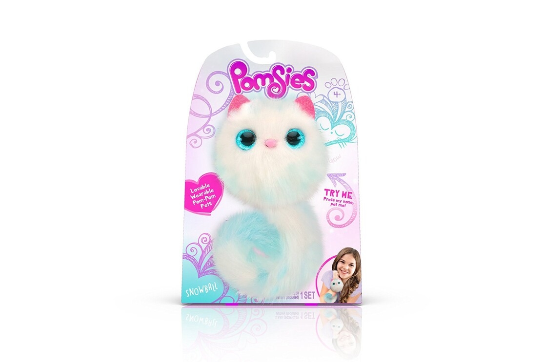 A stuffed animal in white, aqua, and pink, called Pomsies Pom Pom Pet, that will tell you when they feel tired, cold, or hungry with light-up eyes, purring, and cute sounds.