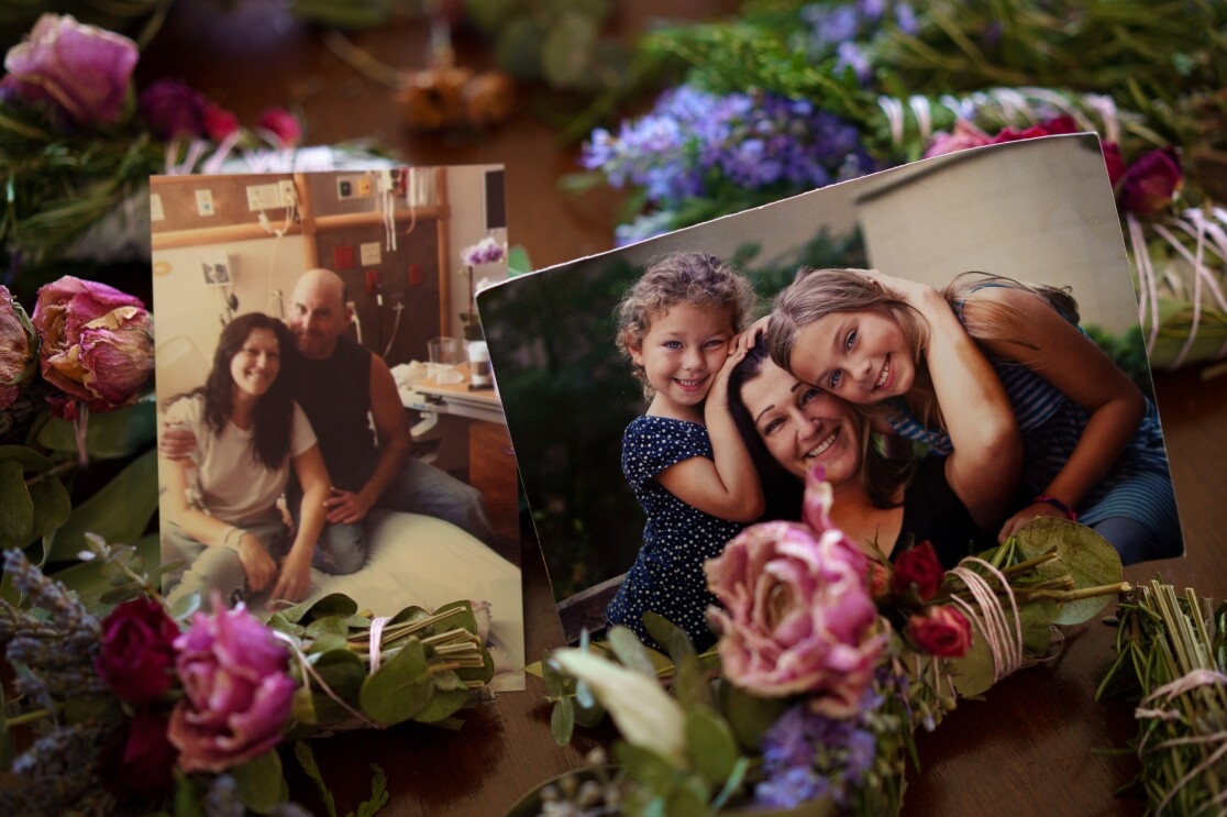 Snapshots showing a man and woman in a hospital room and the same woman with two young girls.