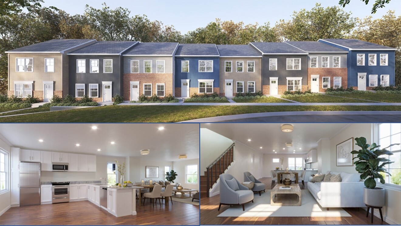 A photo of new townhomes at Skyland Terrace in Washington, D.C. and the interior of one model.