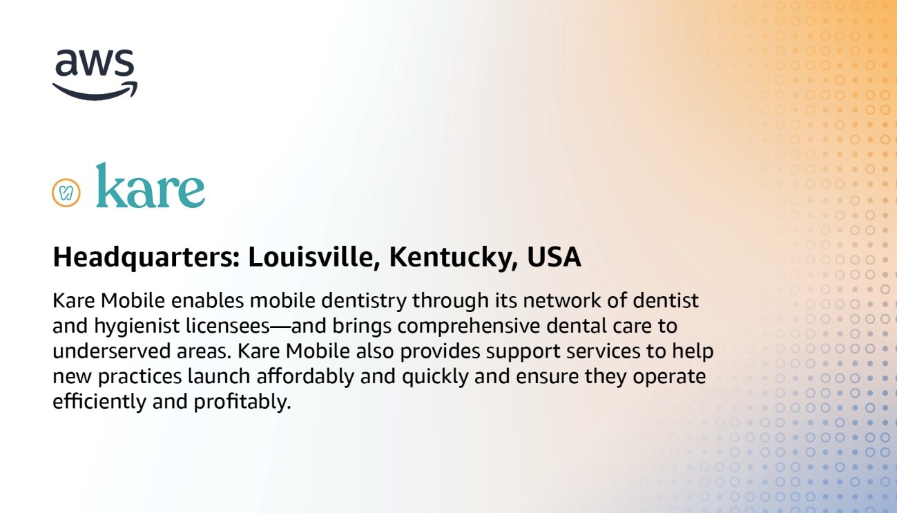 An infographic for Kare Mobile, which states, "Kare Mobile enables mobile dentistry through its network of dentist and hygienist licensees—and brings comprehensive dental care to underserved areas. Kare Mobile also provides support services to help new practices launch affordably and quickly and ensure they operate efficiently and profitably."