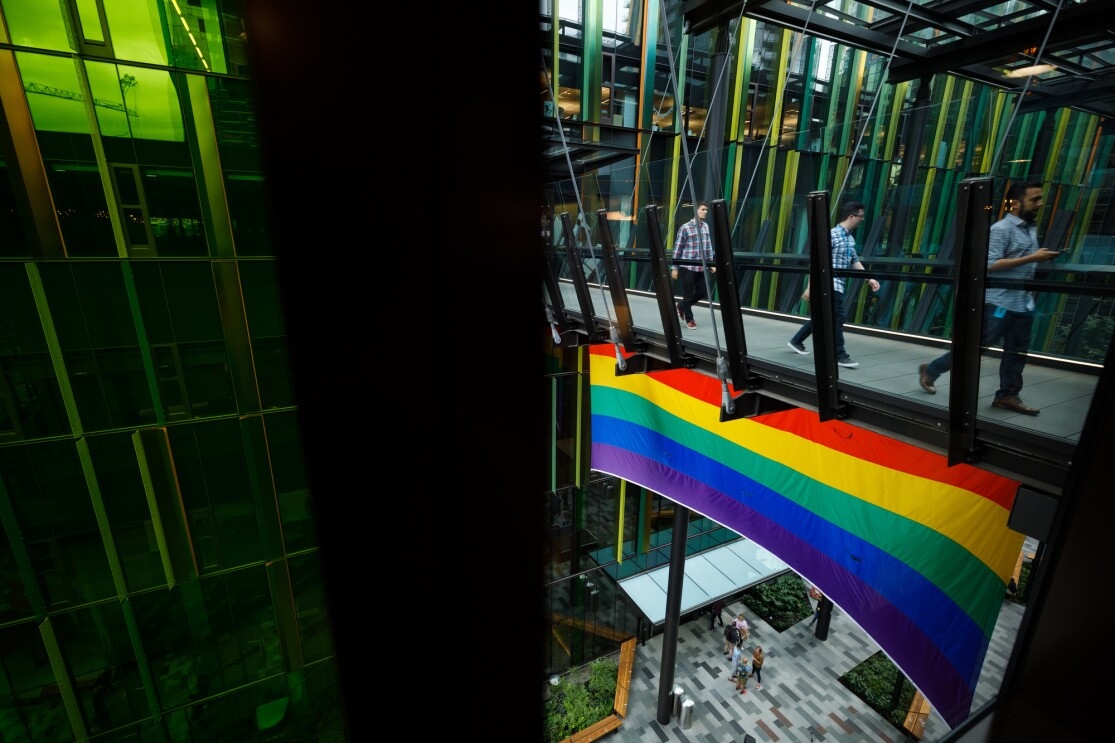 The LGBTQ Pride flag is raised above Amazon HQ in Seattle to mark LGBTQ Pride month in June.