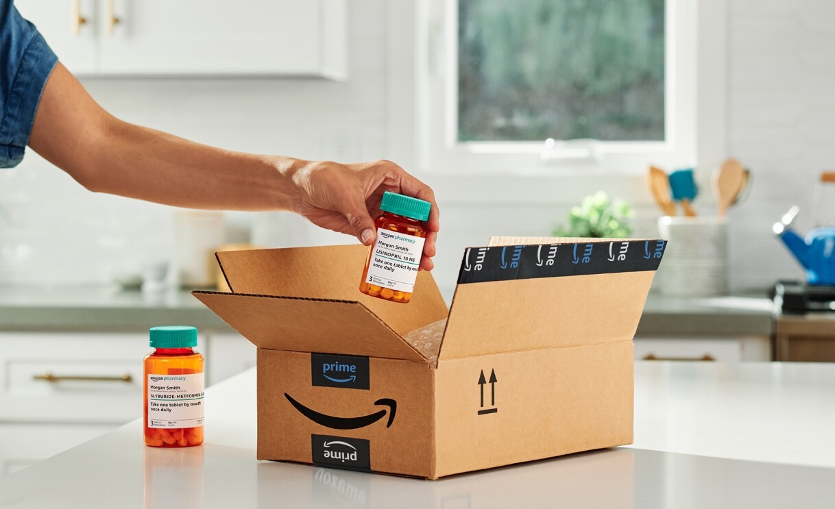 A series of images of a delivery of Amazon Pharmacy medications.