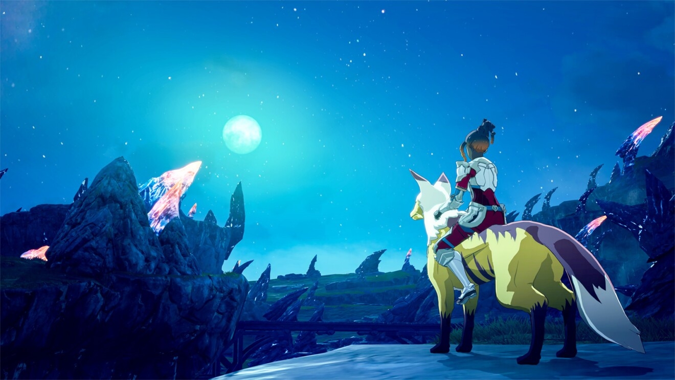 An animated image of a woman riding a horse and looking at the moon in the game Blue Protocol.
