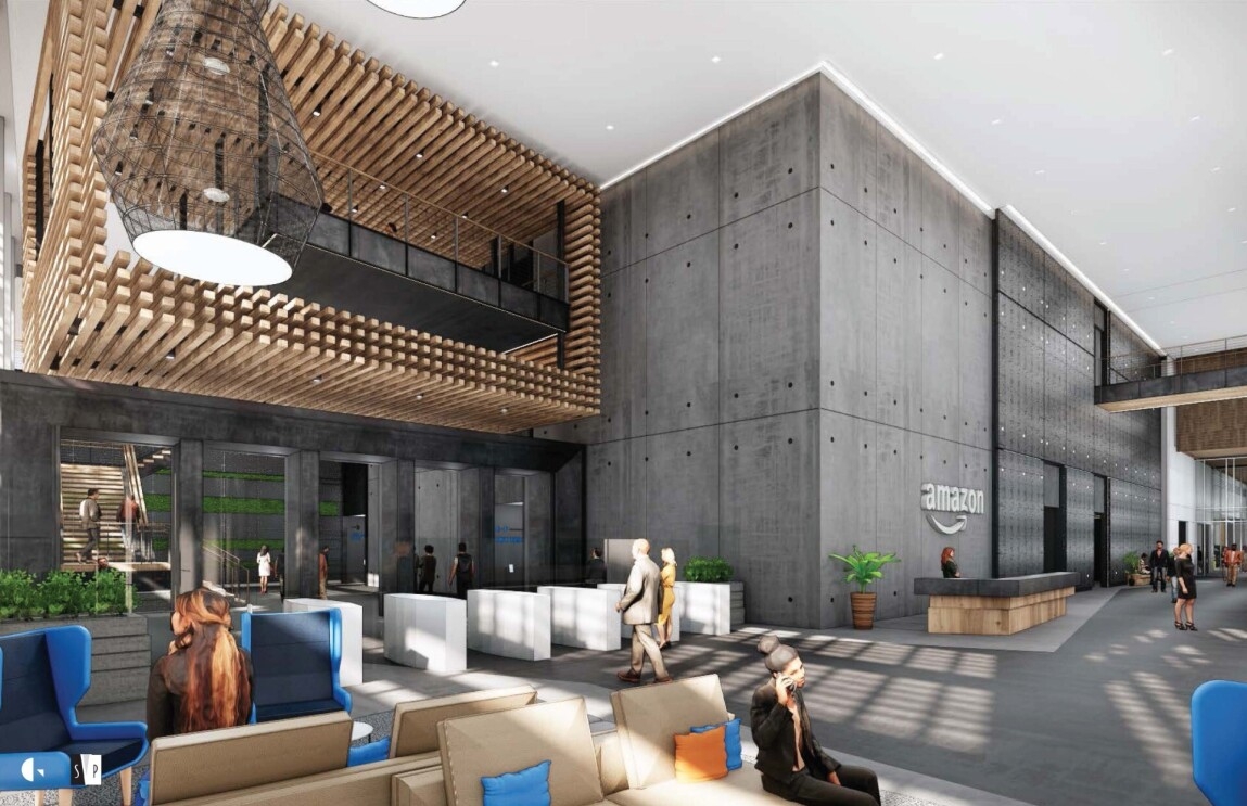 A rendering of what the main lobby will look like at the new Amazon office in Nashville, Tennessee.