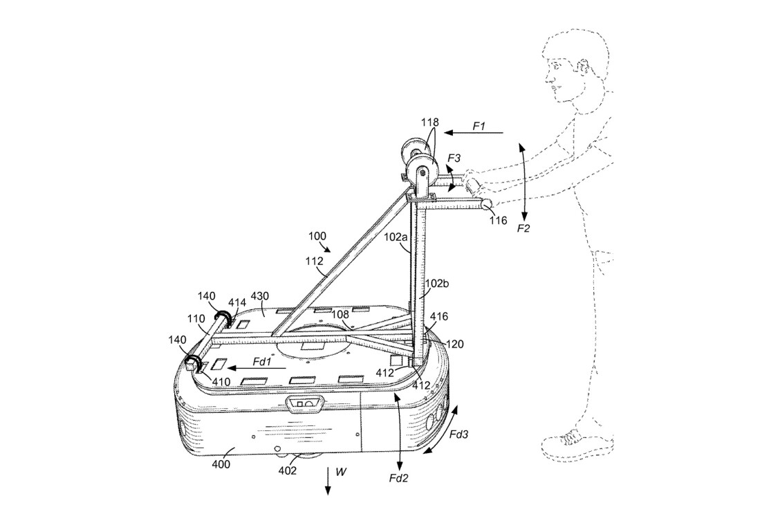 Schematic drawing of a person pushing a handle secured to a device.