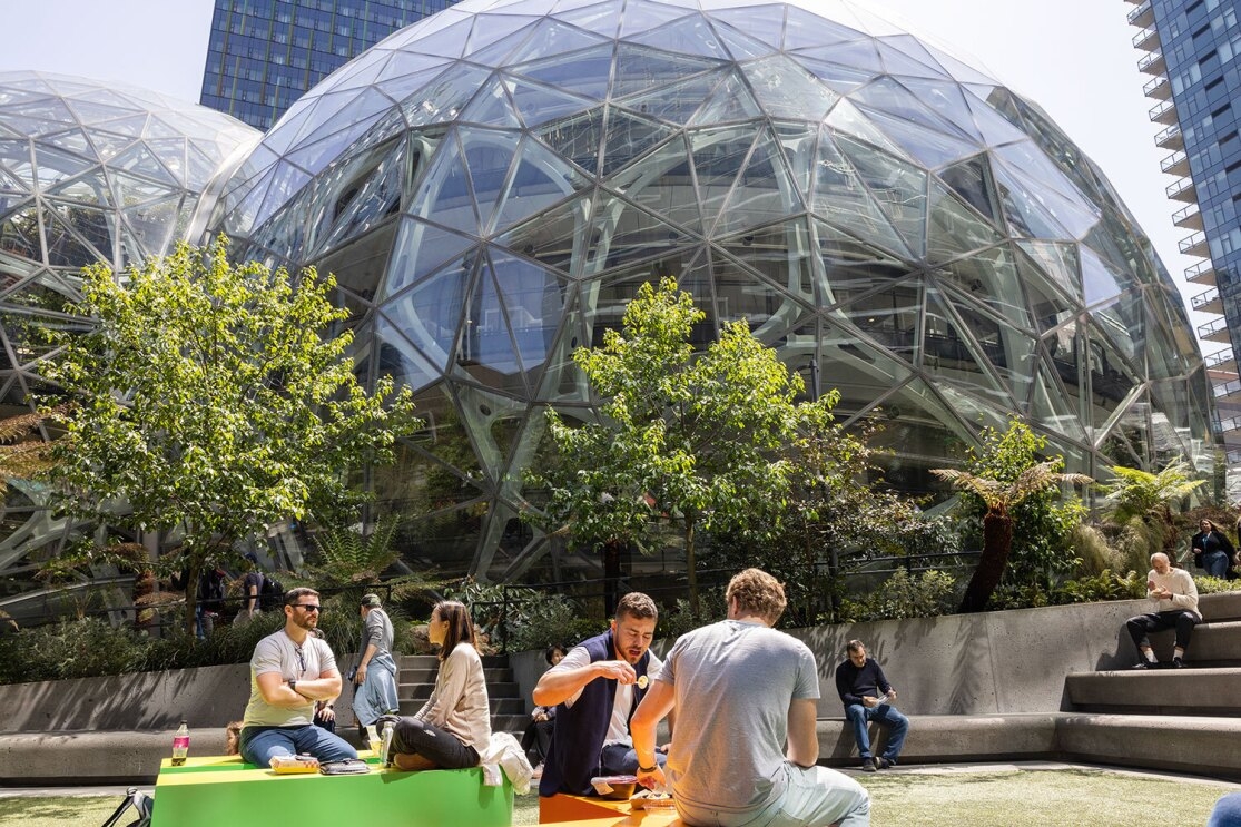 An image of people sitting in a green area talking and eating. Behind them, you see a large, glass, spherical building with greenery in front of it.