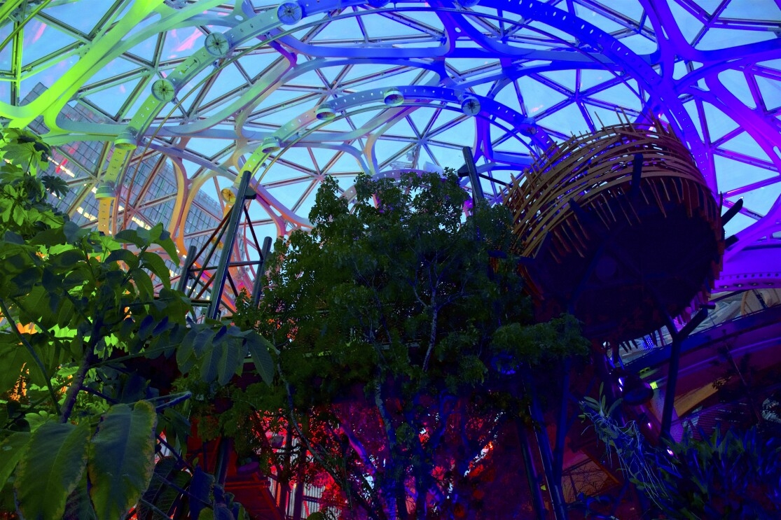 The Seattle Spheres at Amazon HQ in Seattle, WA lit up in rainbow colors to mark LGBTQ Pride month in June.