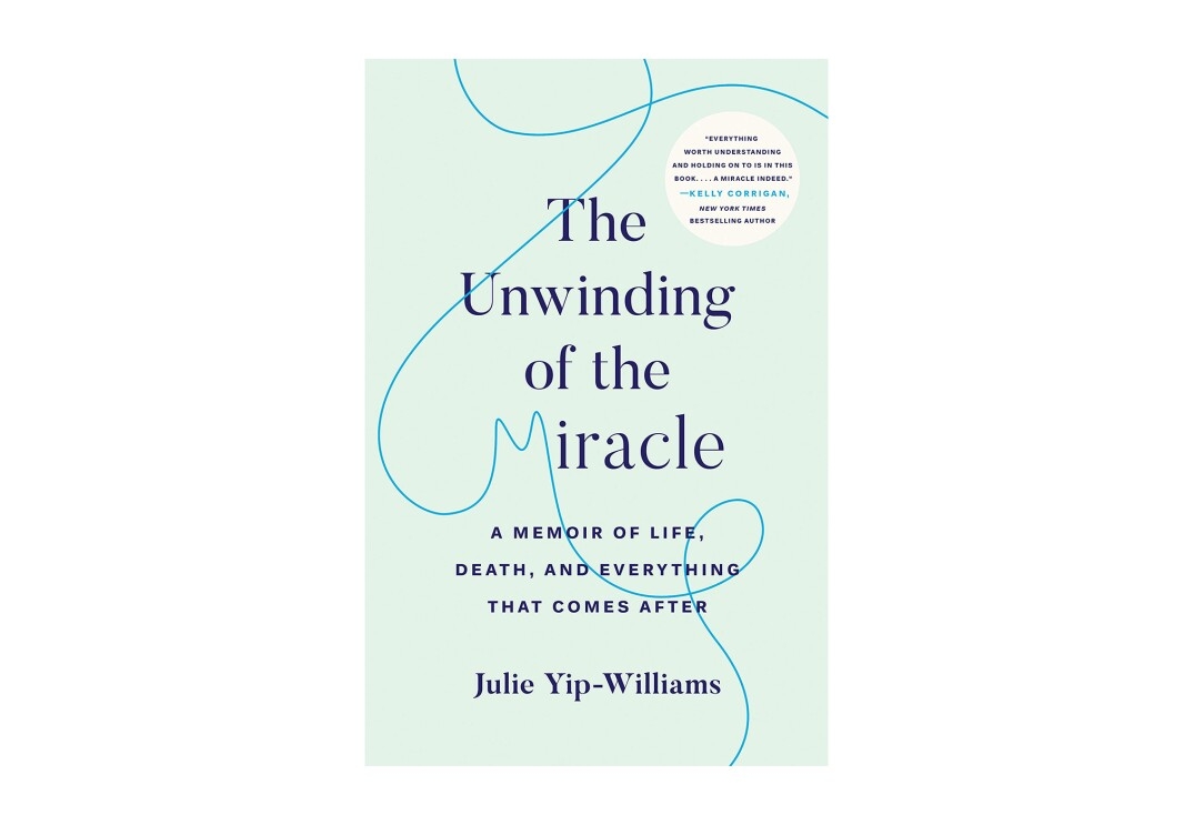 Book cover for "The Unwinding of the Miracle" it shows the text in a serif font in dark blue, on a seafoam background. A thread meanders across the page, creating two loops, and the letter "M" in miracle.