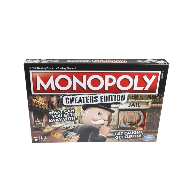 A Monopoly board game cover on a white background. The box cover says "MONOPOLY, Cheater's Edition, what can you get away with?" and an Uncle Pennybags character looking over his shoulder with a finger to his lips as if to suggest shushing.