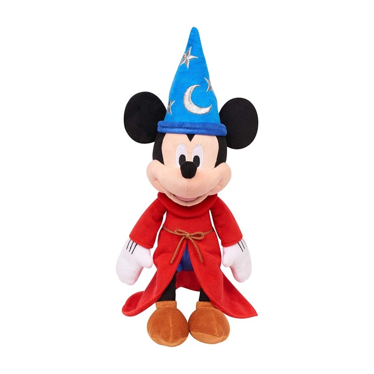 A plush Mickey Mouse toy, dressed like the Mikey Mouse wizard character from the movie, Fantasia.