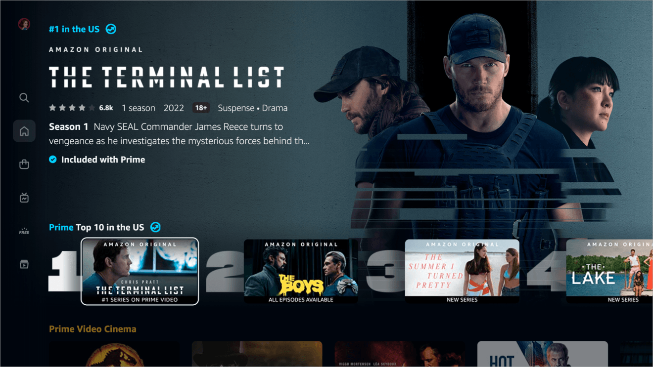 An image of the new "top ten" list on the Prime Video "Home" page