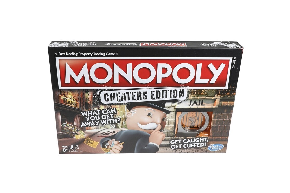 Version of Monopoly game with gameboard, plastic handcuff unit, 6 tokens, 15 Cheat cards, 22 Title Deed cards, 16 Chance cards, 16 Community Chest cards, 16 hotels, 2 dice, money pack, bank tray, and game guide