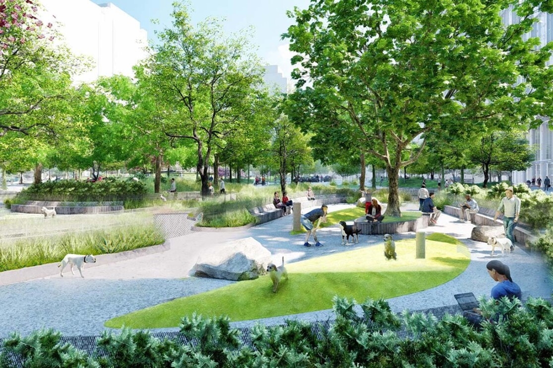 Image renderings showing the Met Park at Amazon's second headquarters in Arlington, Virginia.