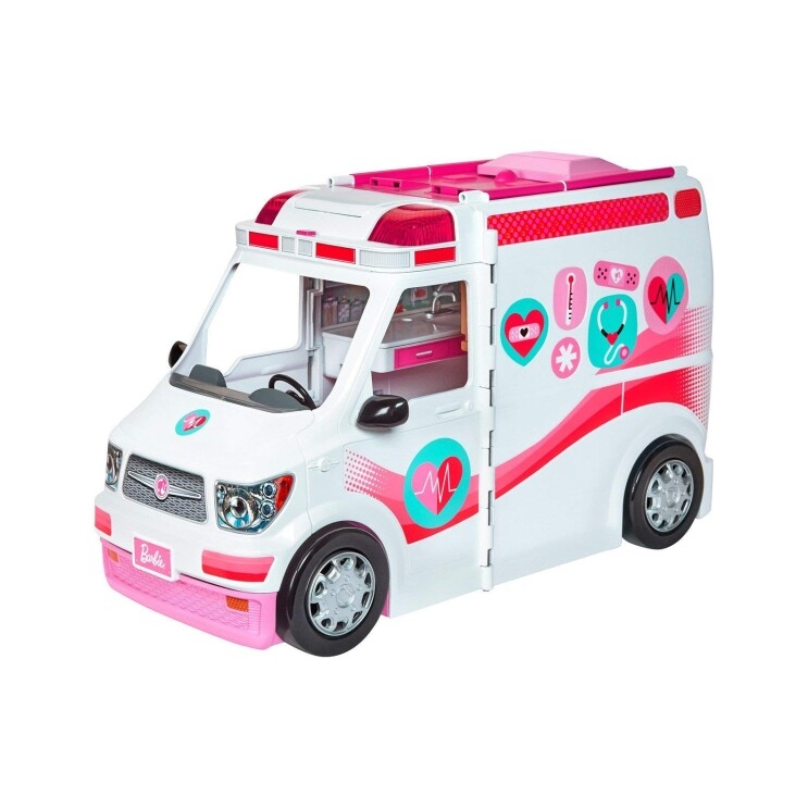 A Barbie care clinic vehicle with working siren. With the flip of a switch, the back of the vehicle transforms into a care clinic with a check-in stand, waiting room with a fish tank, gift shop, and exam room. 