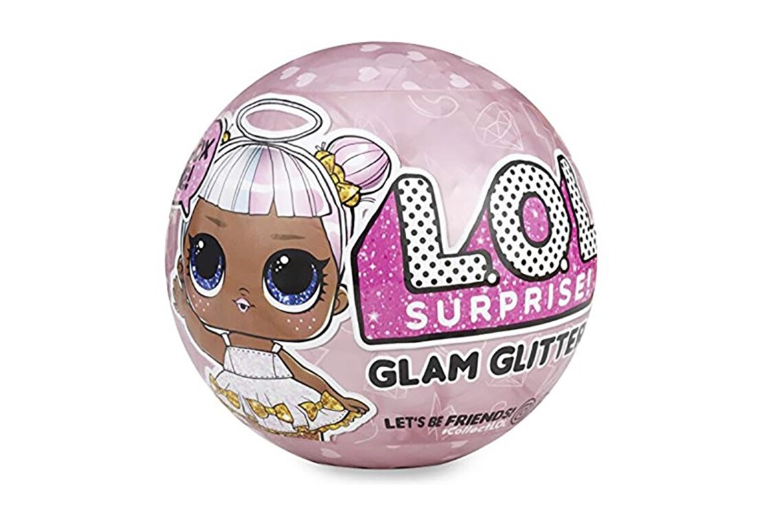 Glam Glitter L.O.L. doll includes 7 surprises: (1) secret message sticker, (2) collectible stickers, (3) water bottle, (4) shoes, (5) outfit, (6) fashion accessory, and (7) L.O.L. Surprise! glam glitter doll