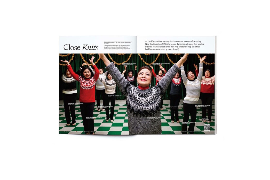 An image of women smiling while holding their hands in the air. They are wearing coordinated holiday sweaters. Text on the page reads "Close knits."