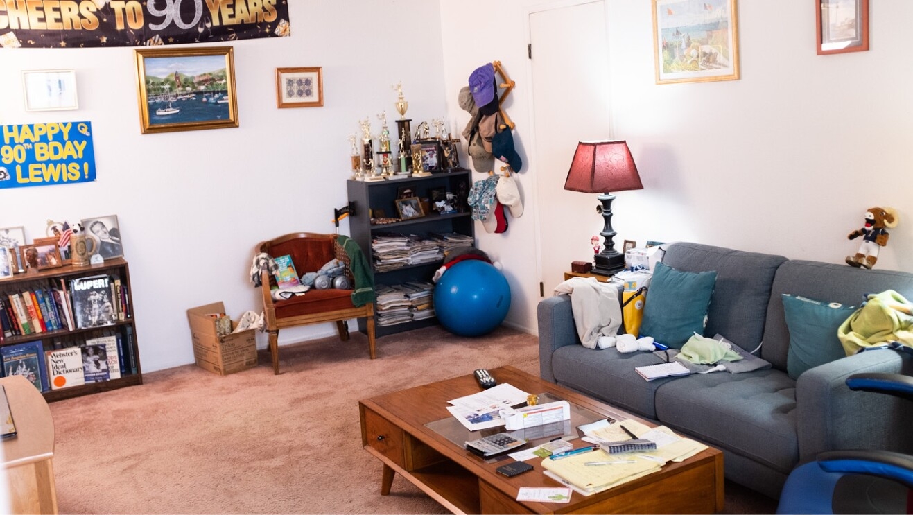 A before image of Lewis Lazarus’ fan cave in his Santa Monica apartment.