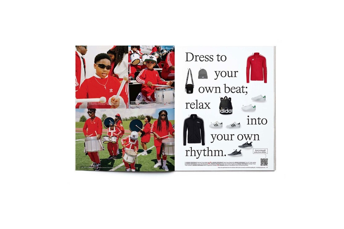 An image of people in a drumline wearing matching red track suits. On the other side of the catalog you see text that reads "Dress to your own beat; relax into your own rhythm.