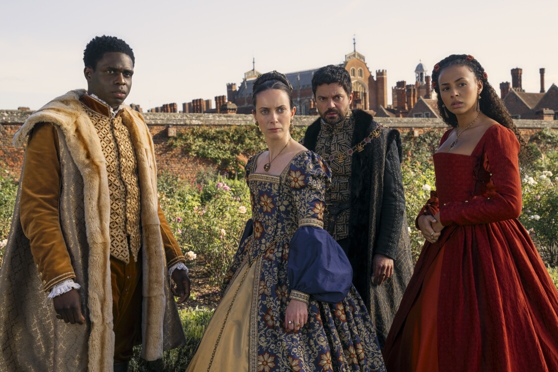 Jordan Peters as King Edward, Kate O'Flynn as Princess Mary, Dominic Cooper as Lord Seymour, Abbie Hern as Bess in 'My Lady Jane' on Prime Video