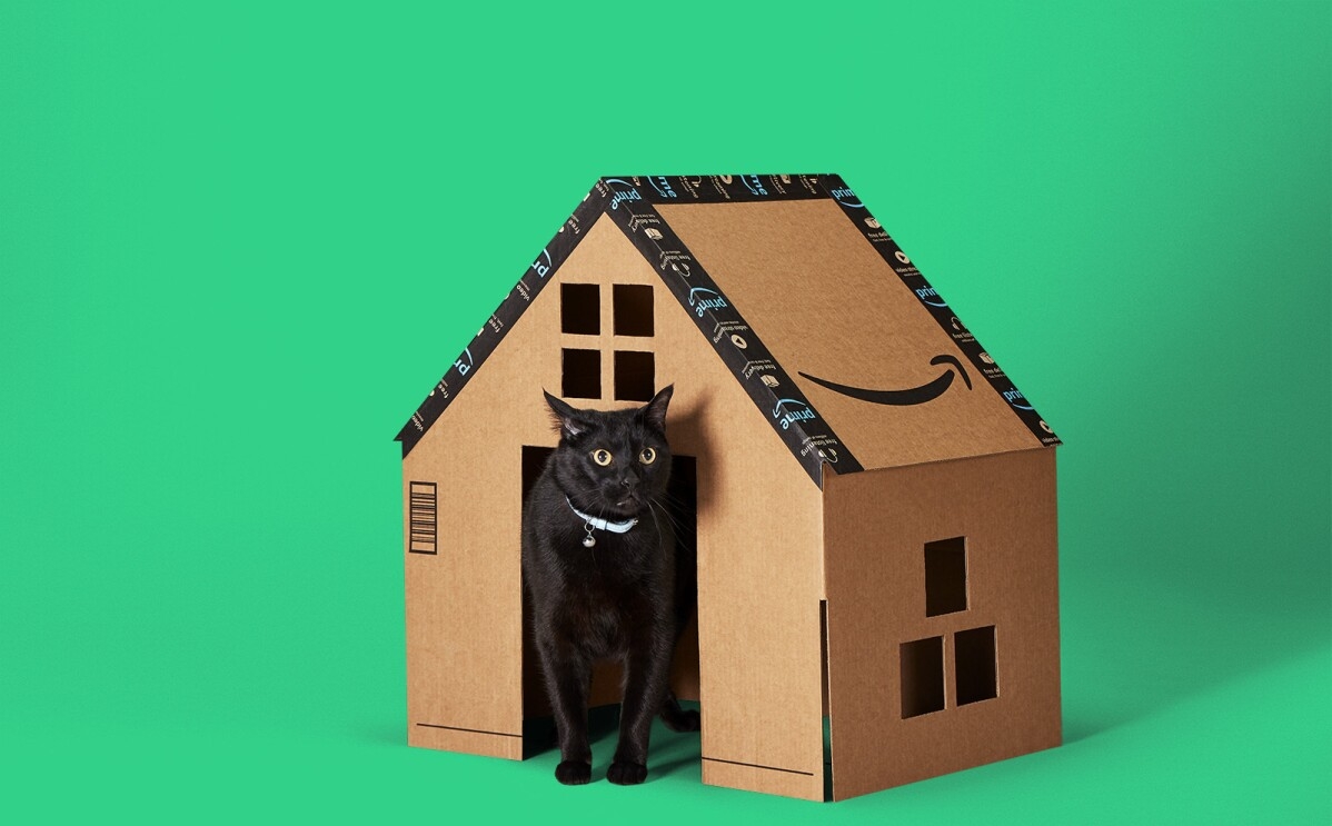 An image of a cat in a cardboard house made of amazon boxes