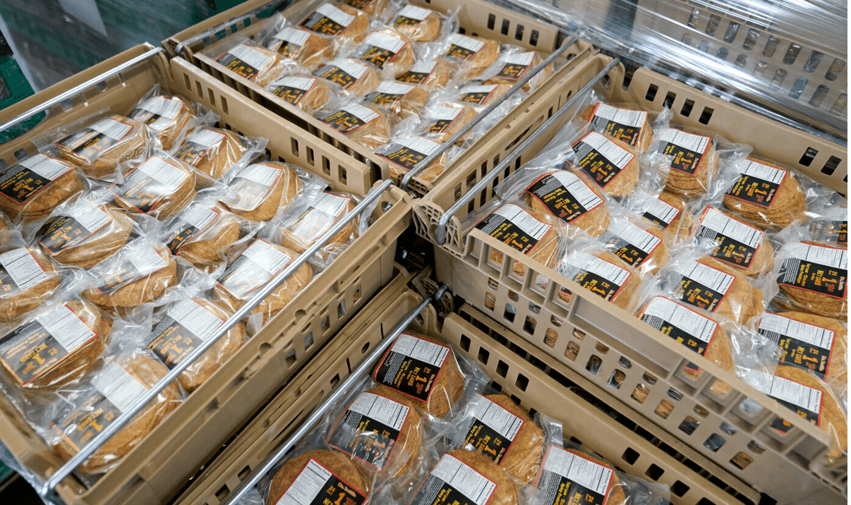 Mr. Tortilla products packaged in bins and ready for sale.