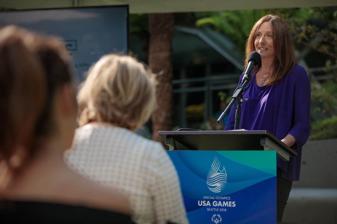 Beth Galetti, senior vice president of human resources, announces ways customers and Amazonians can support the upcoming USA Games.