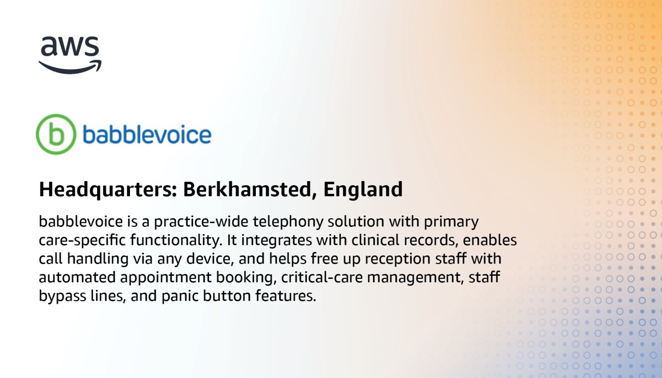 An infographic for babblevoice, which states, "babblevoice is a practice-wide telephony solution with primary care-specific functionality. It integrates with clinical records, enables call handling via any device, and helps free up reception staff with automated appointment booking, critical-care management, staff bypass lines, and panic button features."