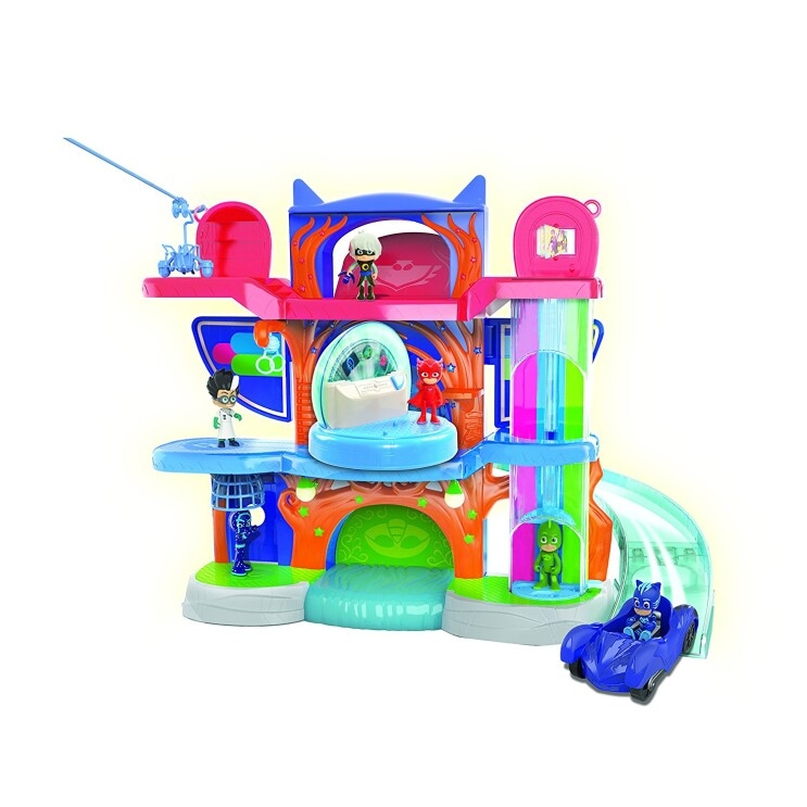 PJ Masks double-sided playset is more than two feet tall, with three character themed levels. Includes three figures, and a vehicle. Playset has three levels, three characters, and sound and light functions.