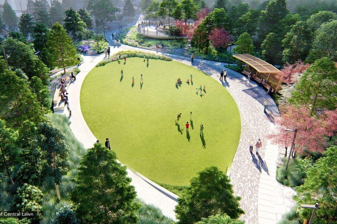 Image renderings showing the Met Park at Amazon's second headquarters in Arlington, Virginia.