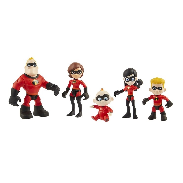 Set of poseable figures from The Incredibles 2 movie, including Elastigirl, Mr. Incredible, Violet, Dash, and Jack-Jack.