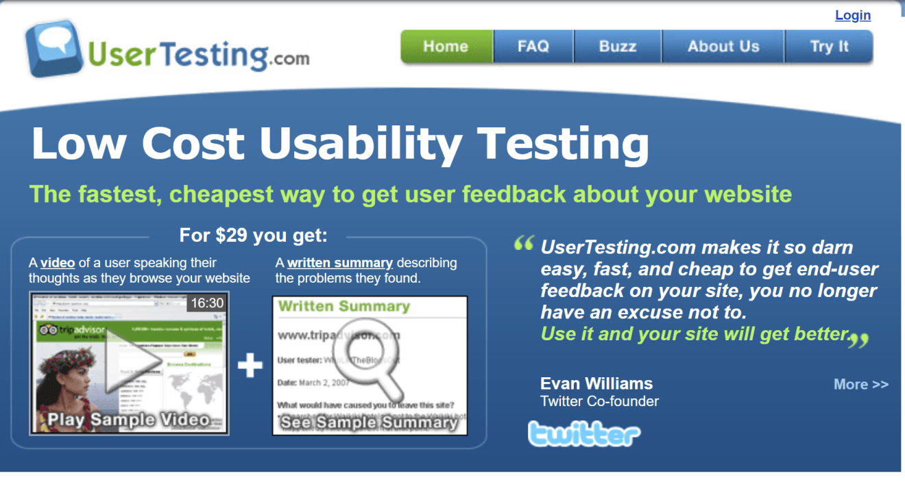 A screenshot of the homepage for Usertesting.com