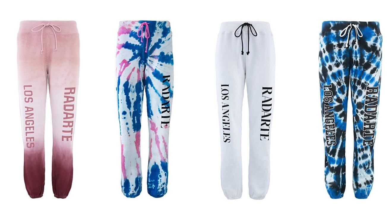 An image of different Radarte sweat pants available on Amazon. Some are tie-dye, others are white with black lettering that says "RADARTE." Some say "Los Angeles" as well. 