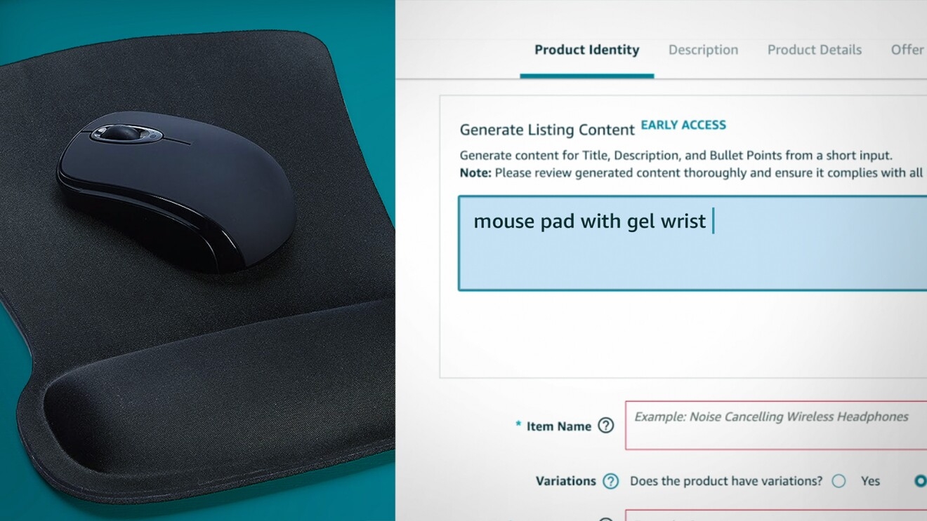 A screenshot of Amazon Seller Central, within the Product Identity tab, where a seller is generating listing content of a mousepad with a gel wrist. 