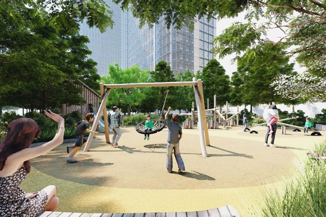 Image renderings showing the Met Park at Amazon's second headquarters in Arlington, Virginia.