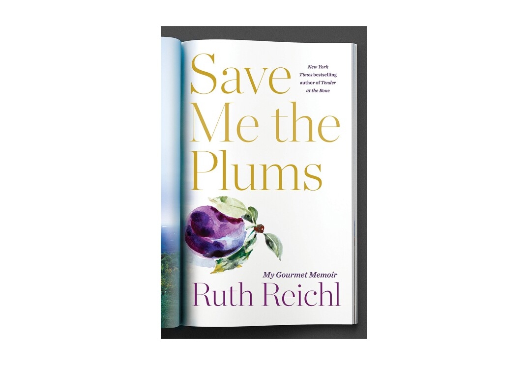 Book cover for "Save Me the Plums" by Ruth Reichl. The title is in gold serif font, above a painting of a plumb with leaves, the author's name is in purple font, all on a white background. The title gives the illusion of a page from a magazine, folded over.