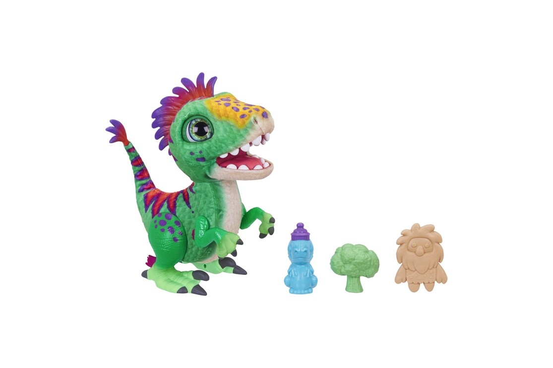 A baby dinosaur toy called furReal Munchin' Rex, that can make more than 35 sound-and-motion combinations in response to kids interacting with it.
