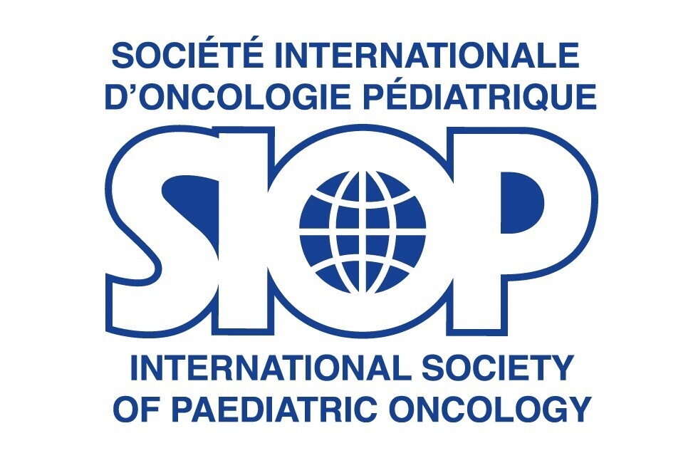 An image of the logo for the International Society of Paediatric Oncology. The logo says the name of the organization in French and in larger text says SIOP, with a glove inside of the O in that acronym.  